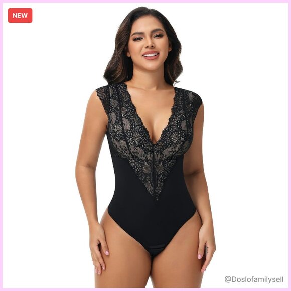 Sexy Lace Shapewear Bodysuit Tummy Control Deep V Neck Thong Corset Top